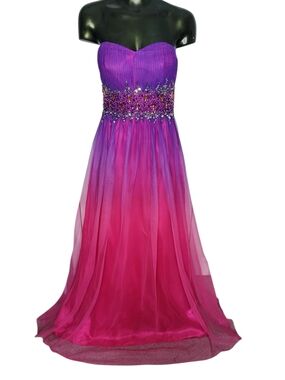 Y2K Blondie Nites Strapless Purple + Pink Ombre Beaded Waist Prom Gown Size 5